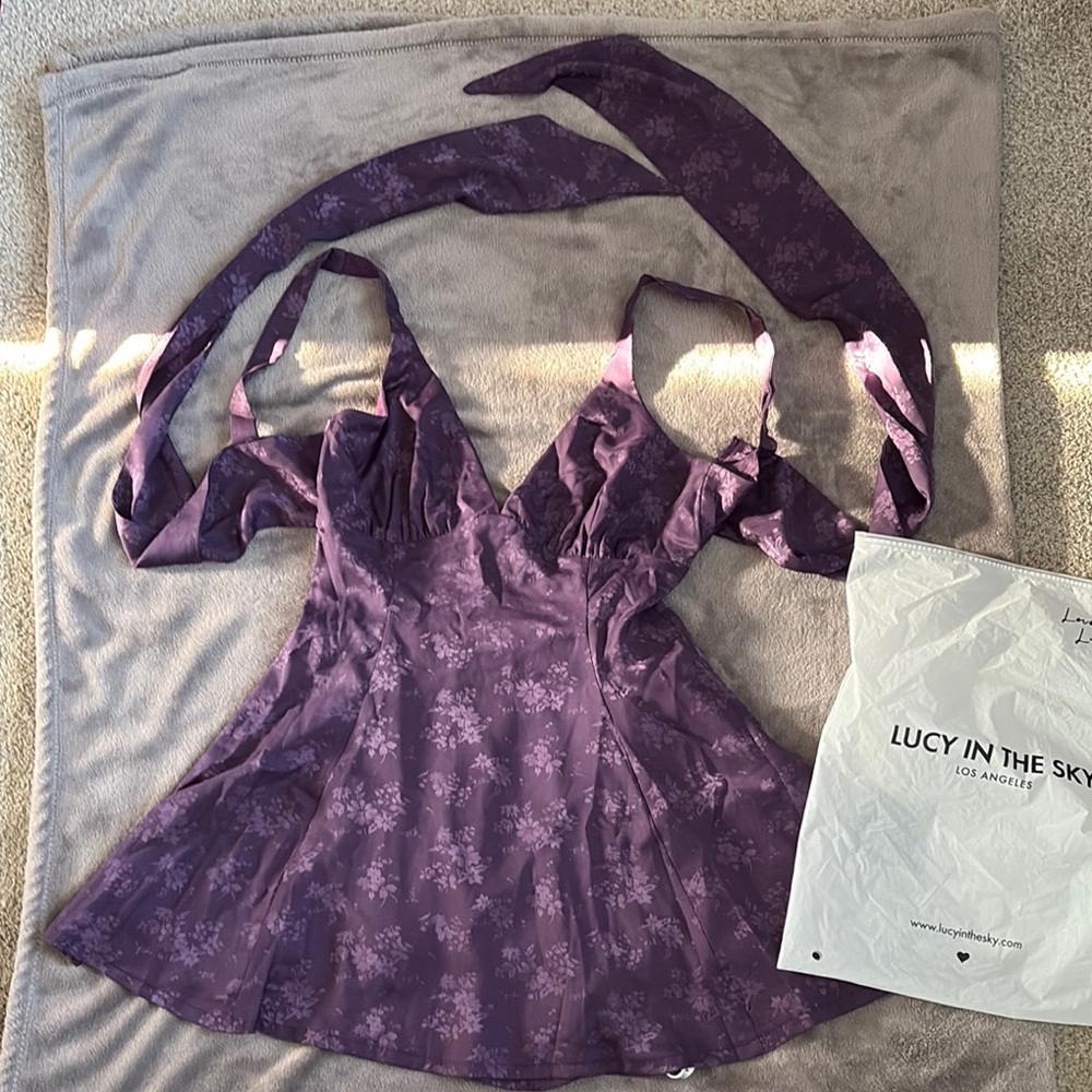 Purple Floral Bow Tie Fit and Flare Dress by Lucy in the Sky
